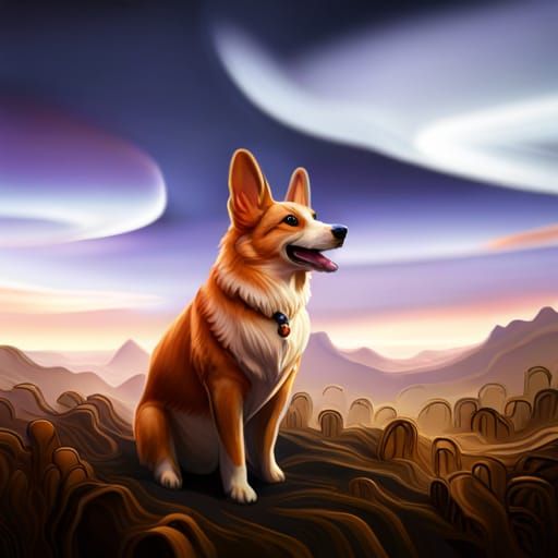 Lovecraftian Corgi in Dreamlike Landscape
