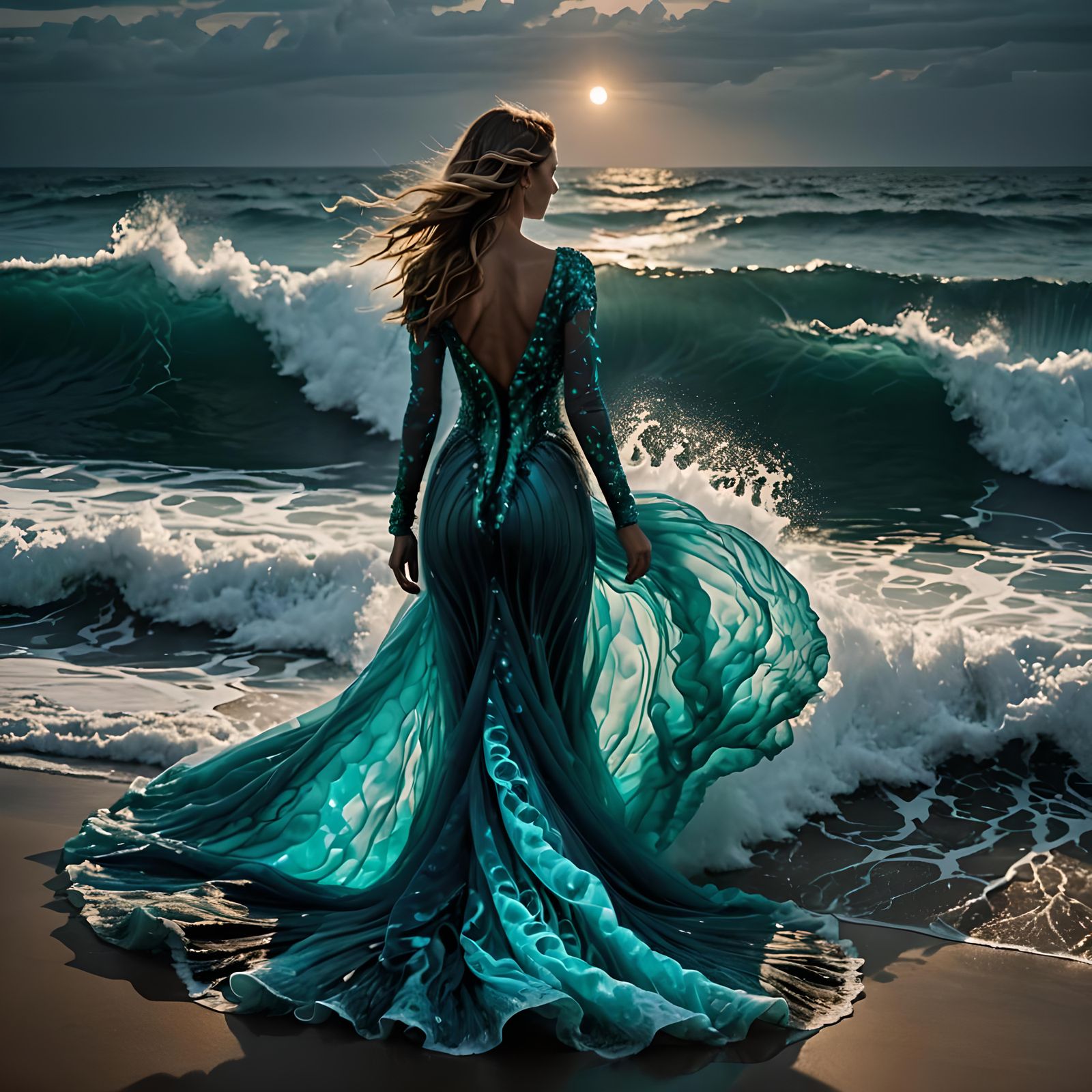 Bioluminescent Wave Dress Merging with Ocean