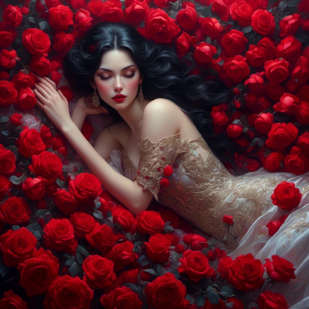 Woman in Red Roses: Ethereal Fantasy Art