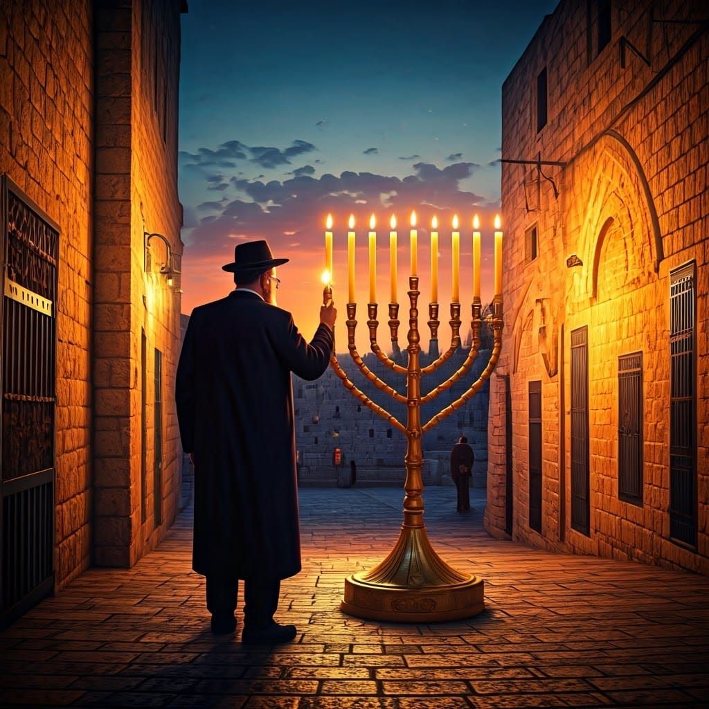 Hasidic Abbot Lights Menorah in Old Jerusalem
