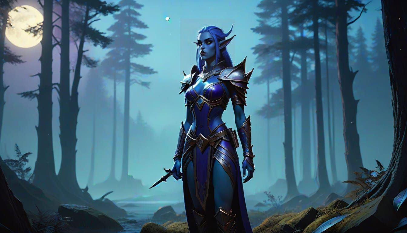 Sensual Blue Skinned Female Night Elf Hunter in the Style of...