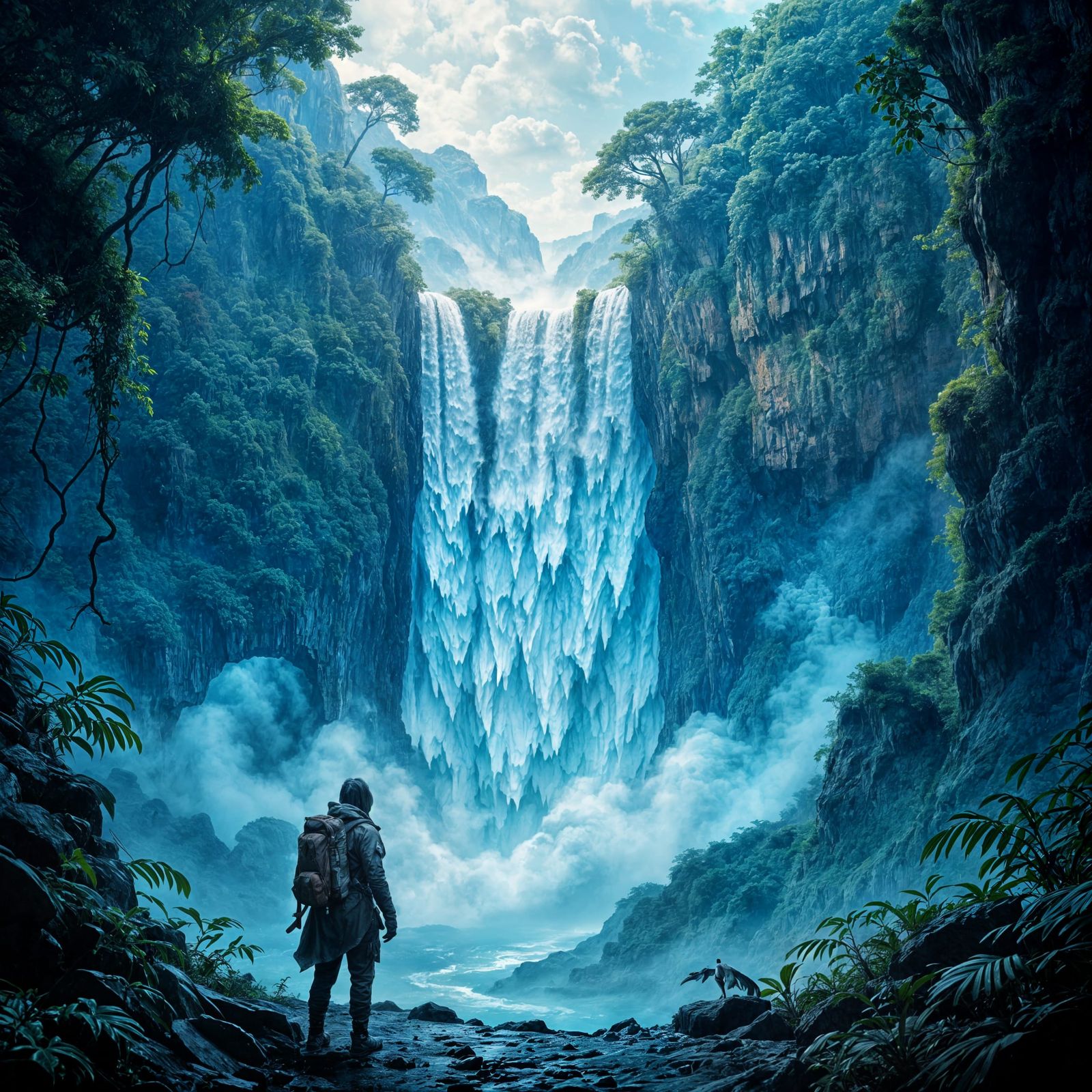 Explorer at Ethereal Waterfall in Vibrant Jungle