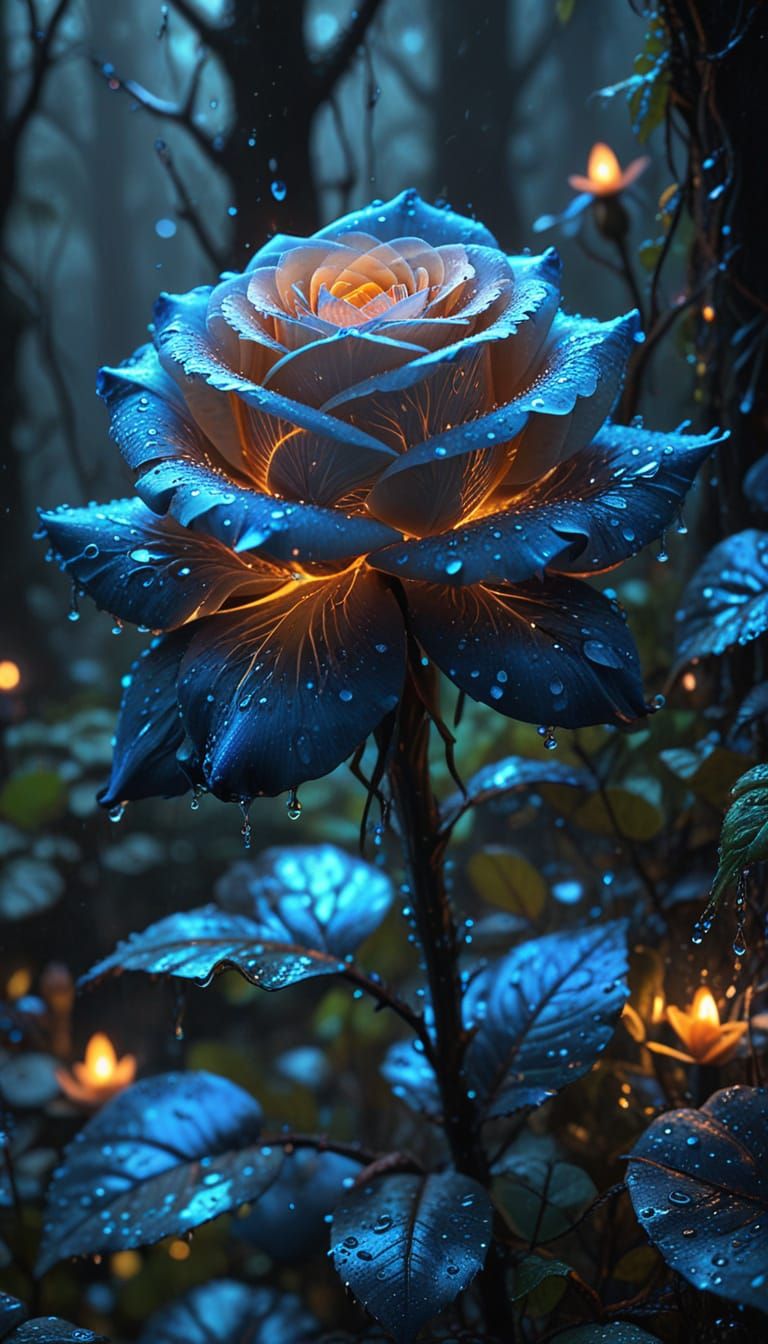 Glowing Blue Rose in Dark Forest, Fantasy Art