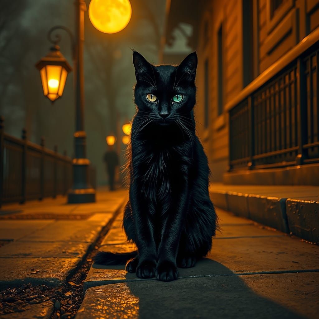 Mystical Black Cat with Opal Eyes Under Street Lamp