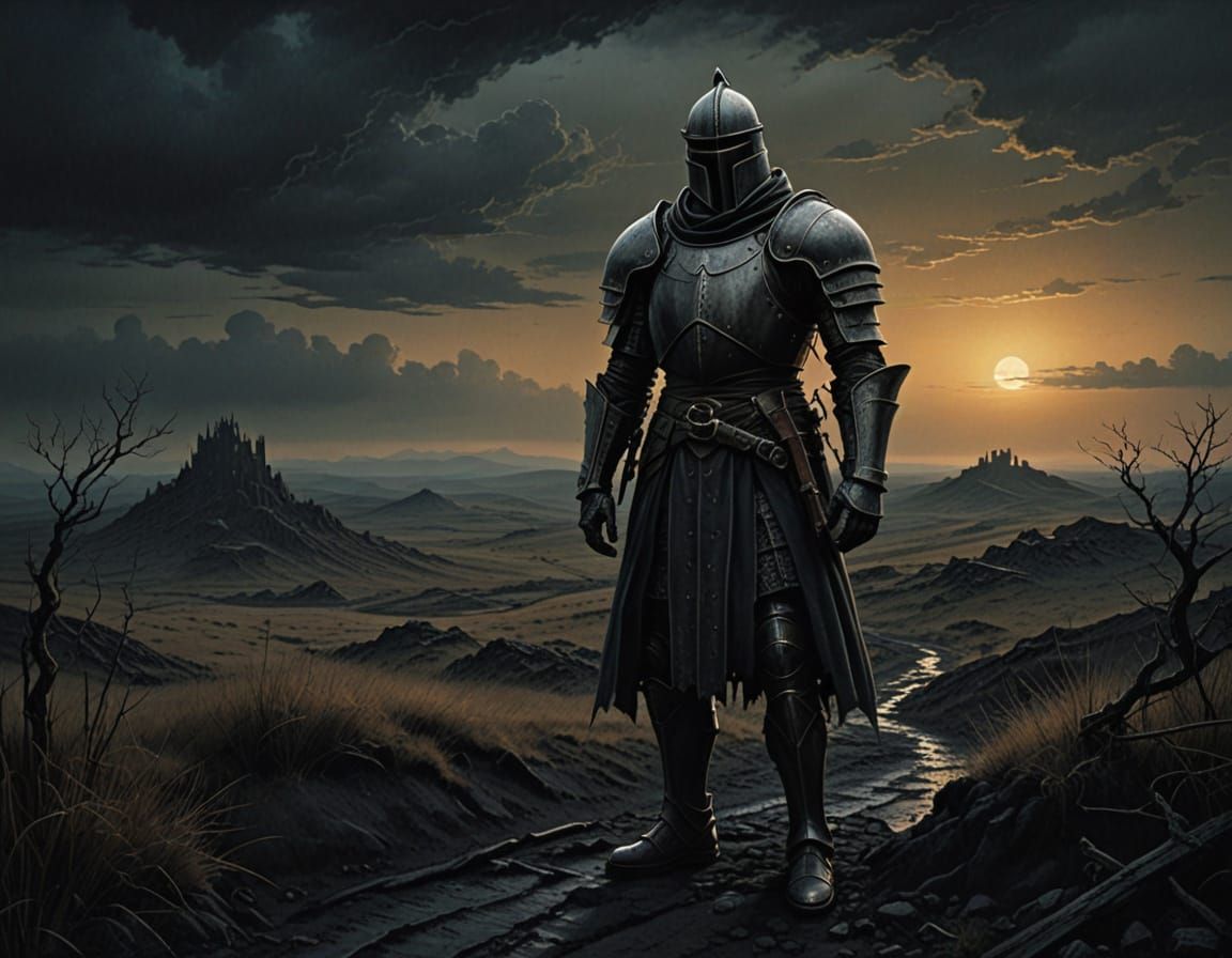 Grim Knight Guards Desolate Moor in Painterly Style
