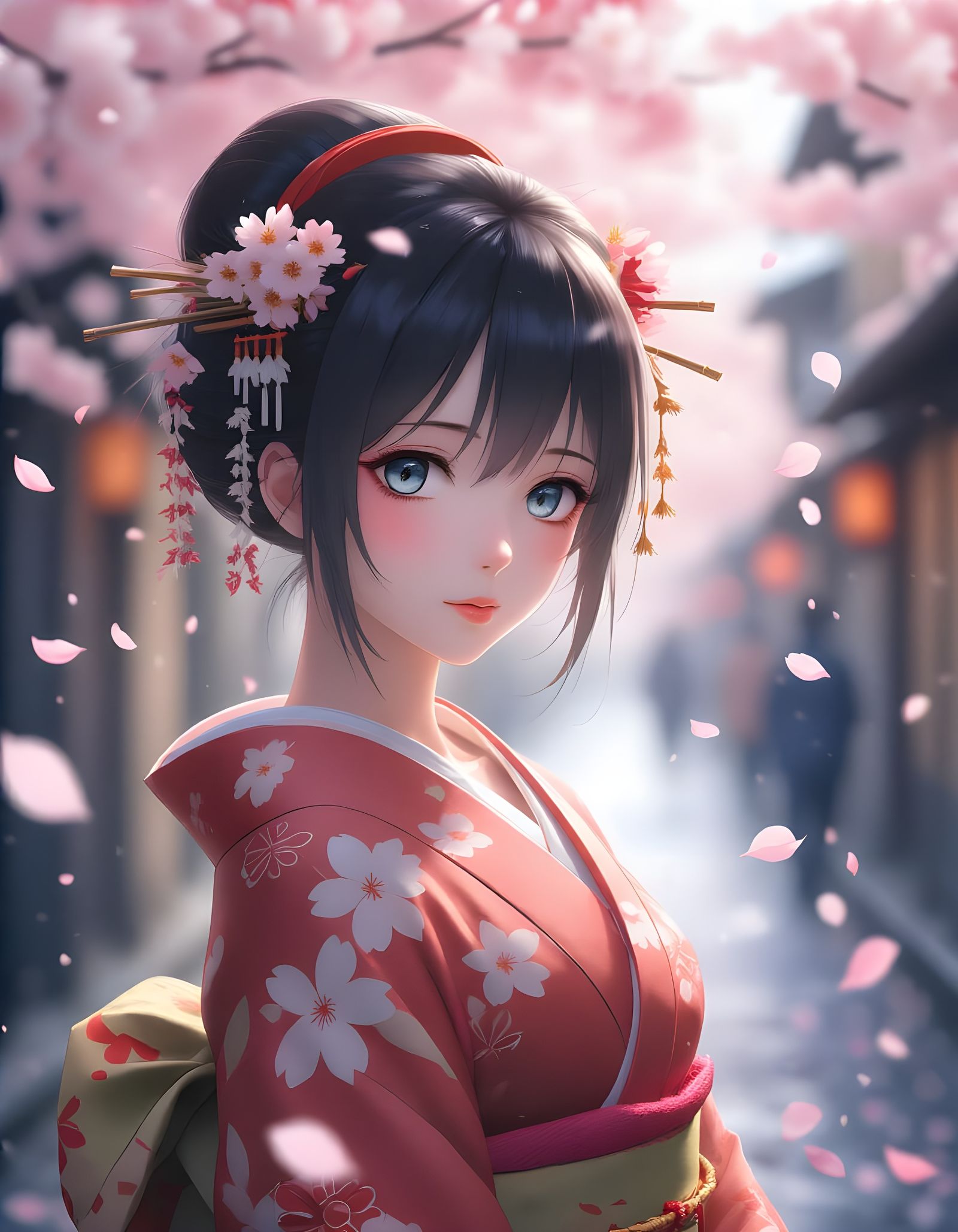Geisha Portrait Under Falling Sakura Petals
