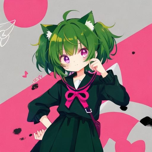 Neko-Girl with Green Hair and Magenta Eyes