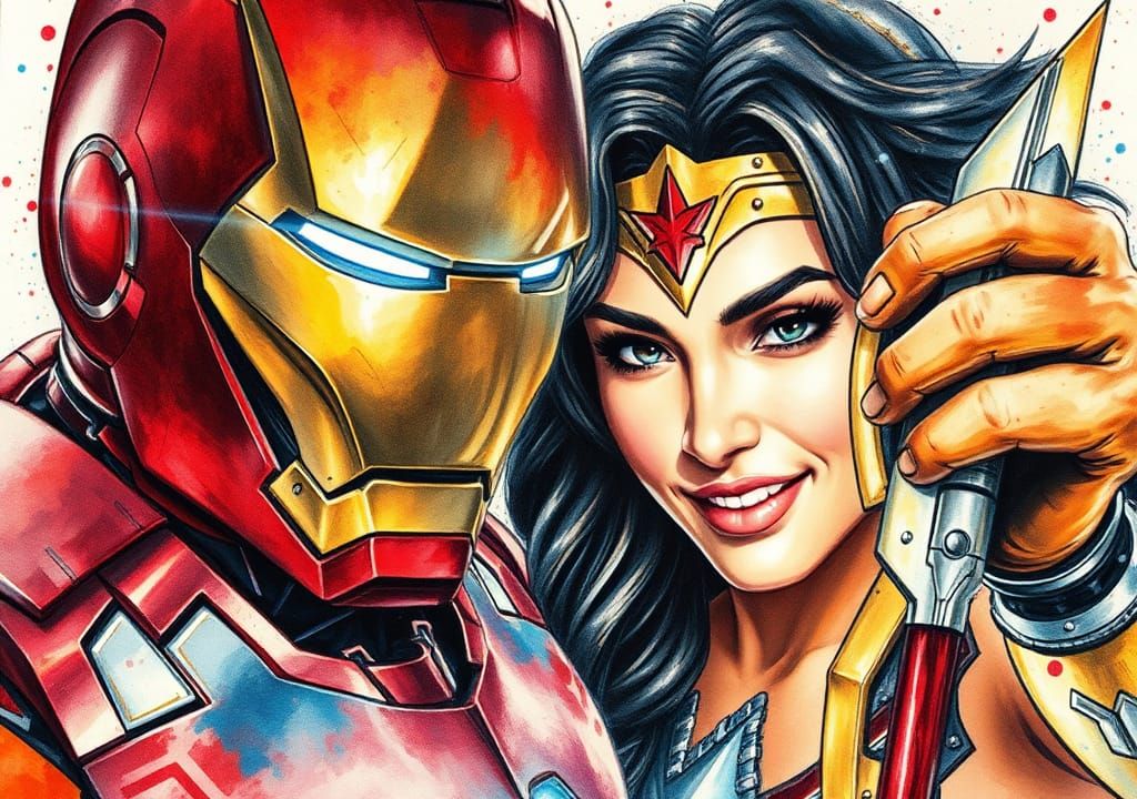 Iron Man and Wonder Woman Selfie: Acrylic Portrait