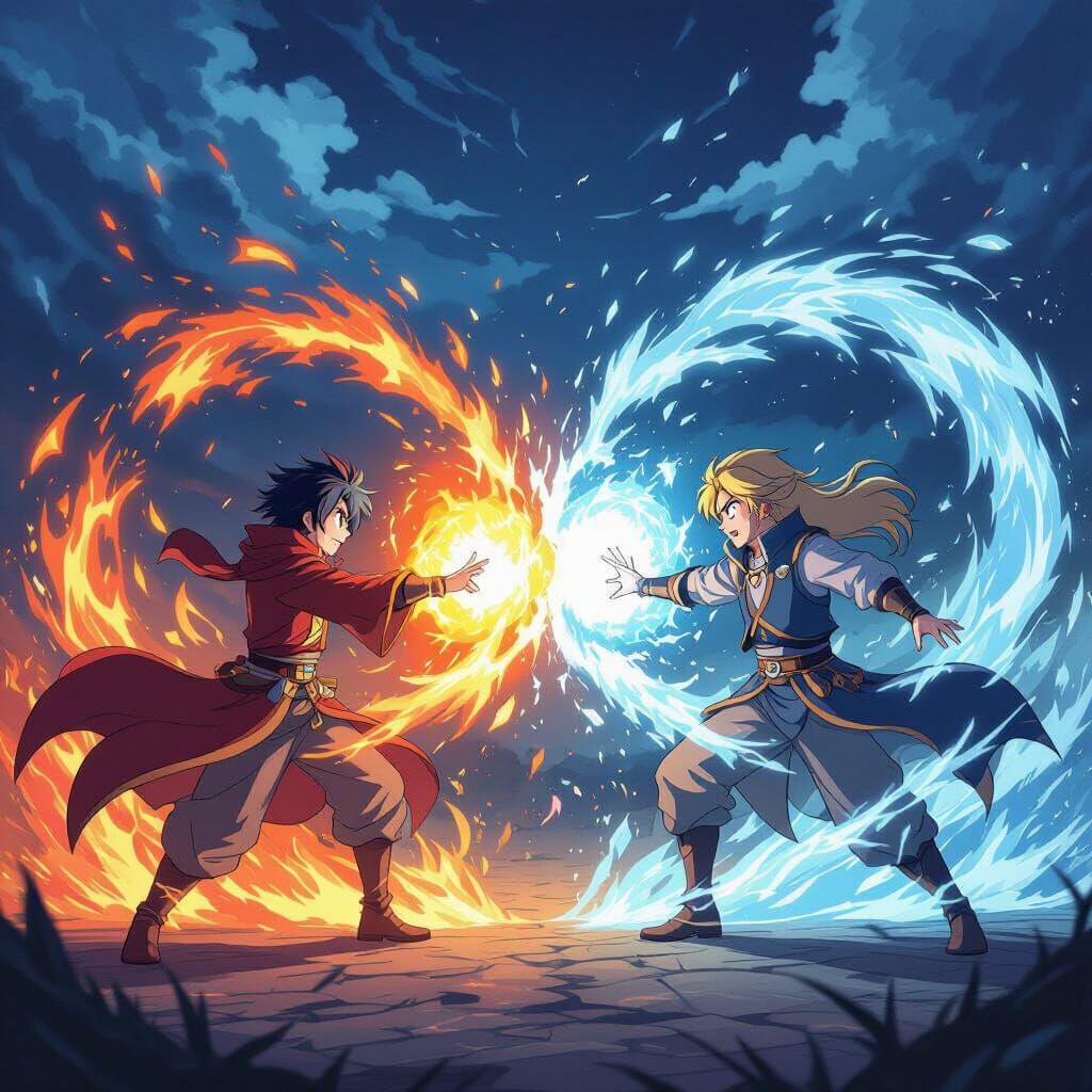 90s Anime Mages Duel with Fire and Ice Magic
