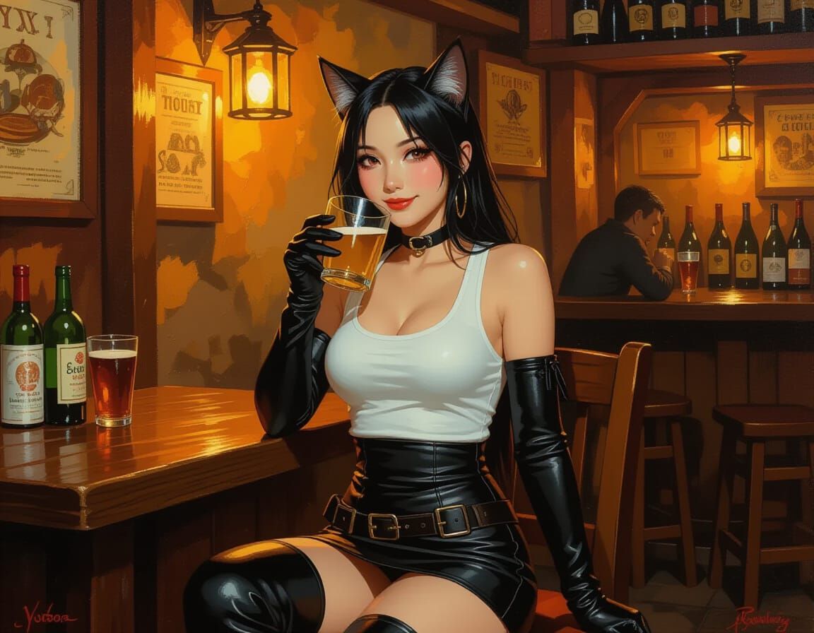 Kitsune Woman Enjoys Drink at Cozy Tavern Oil Painting