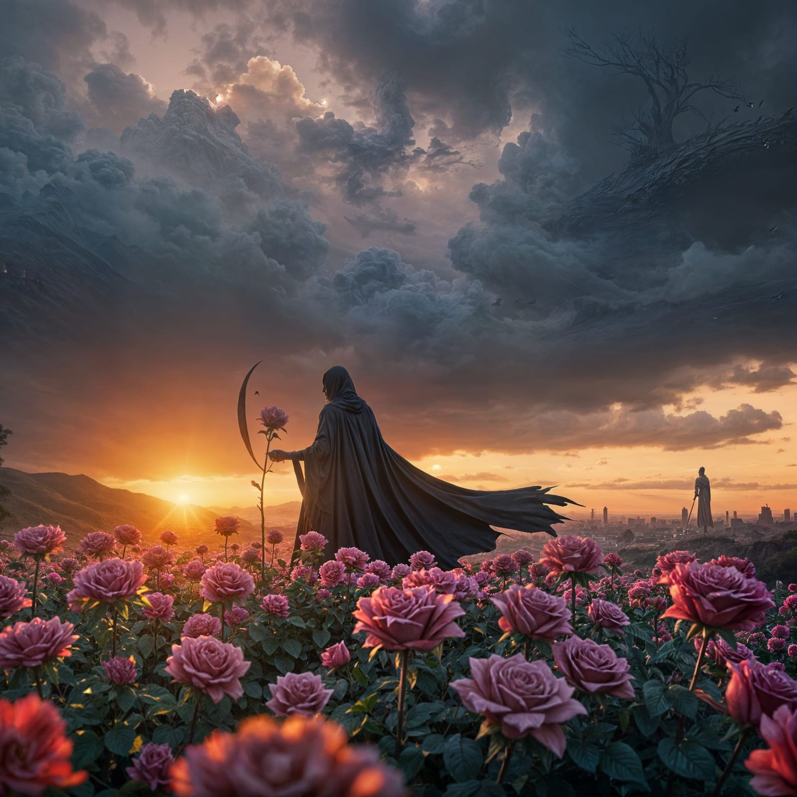 Epic Grim Reaper in Roses at Sunset