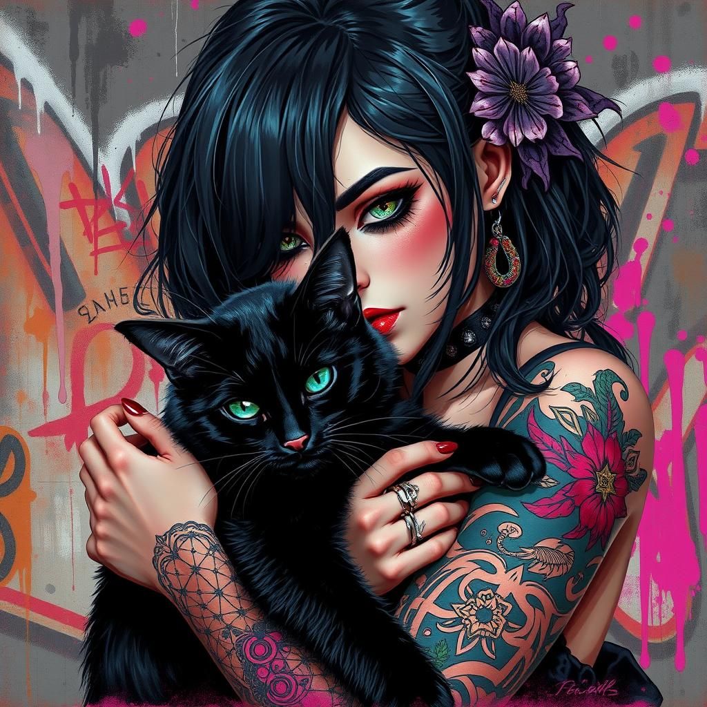 Goth Girl with Black Cat in Graffiti Alley