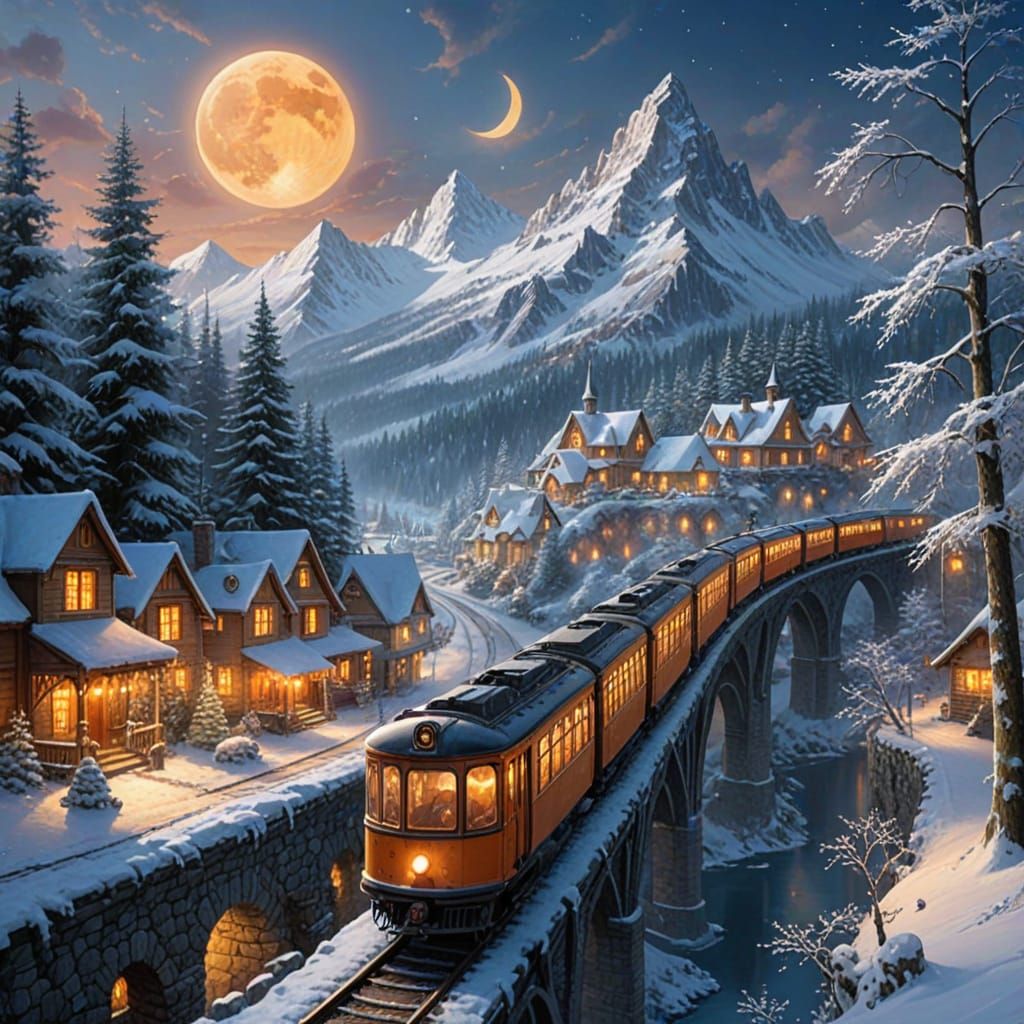 Cracked Golden Moon Cradles Winter Wonderland Scene