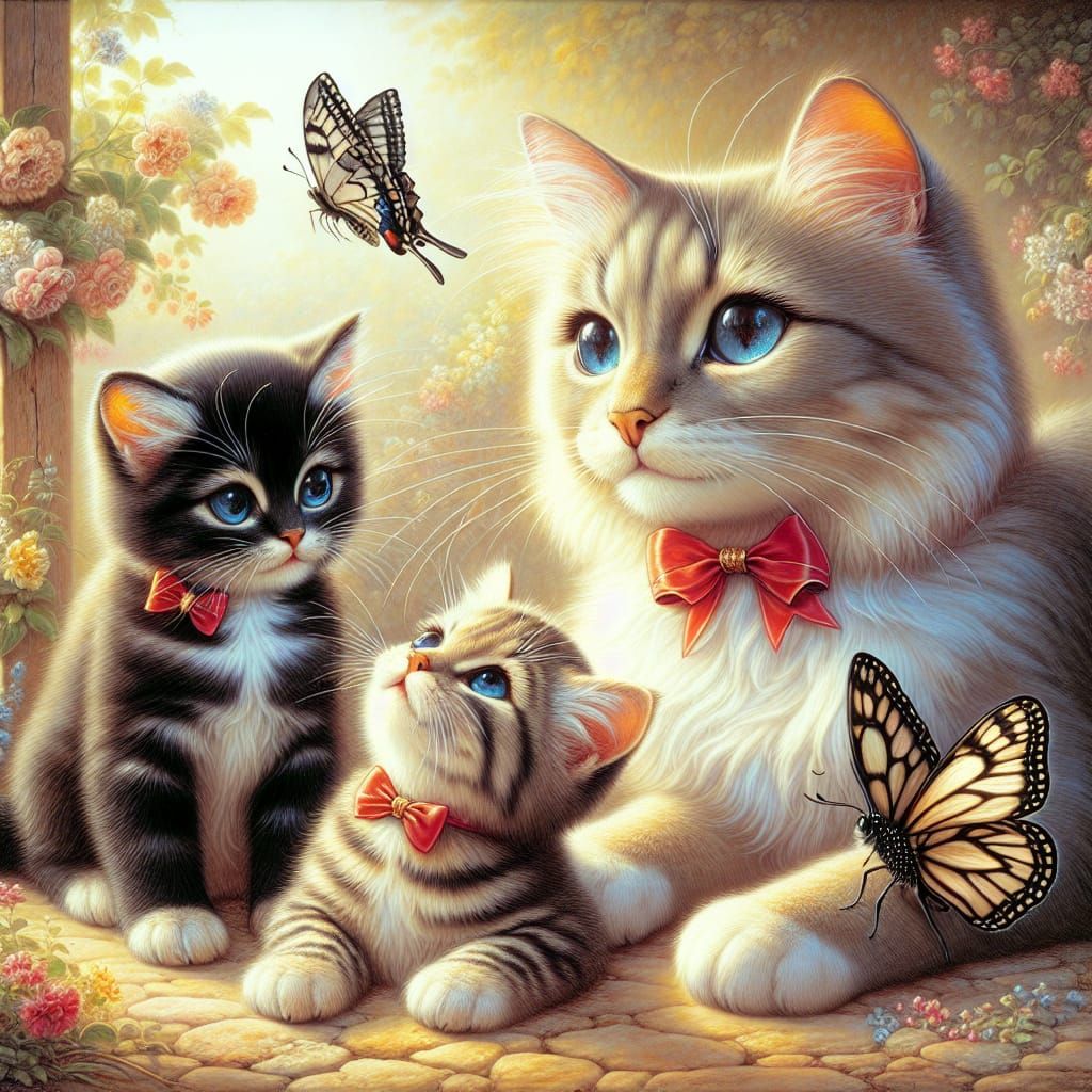 Pre-Raphaelite Feline Family Enjoys Whimsical Moment with Bu...