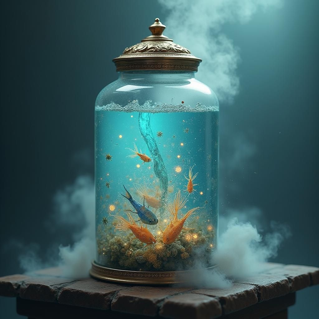 Ocean in Antique Glass: Bioluminescent Fantasy Art