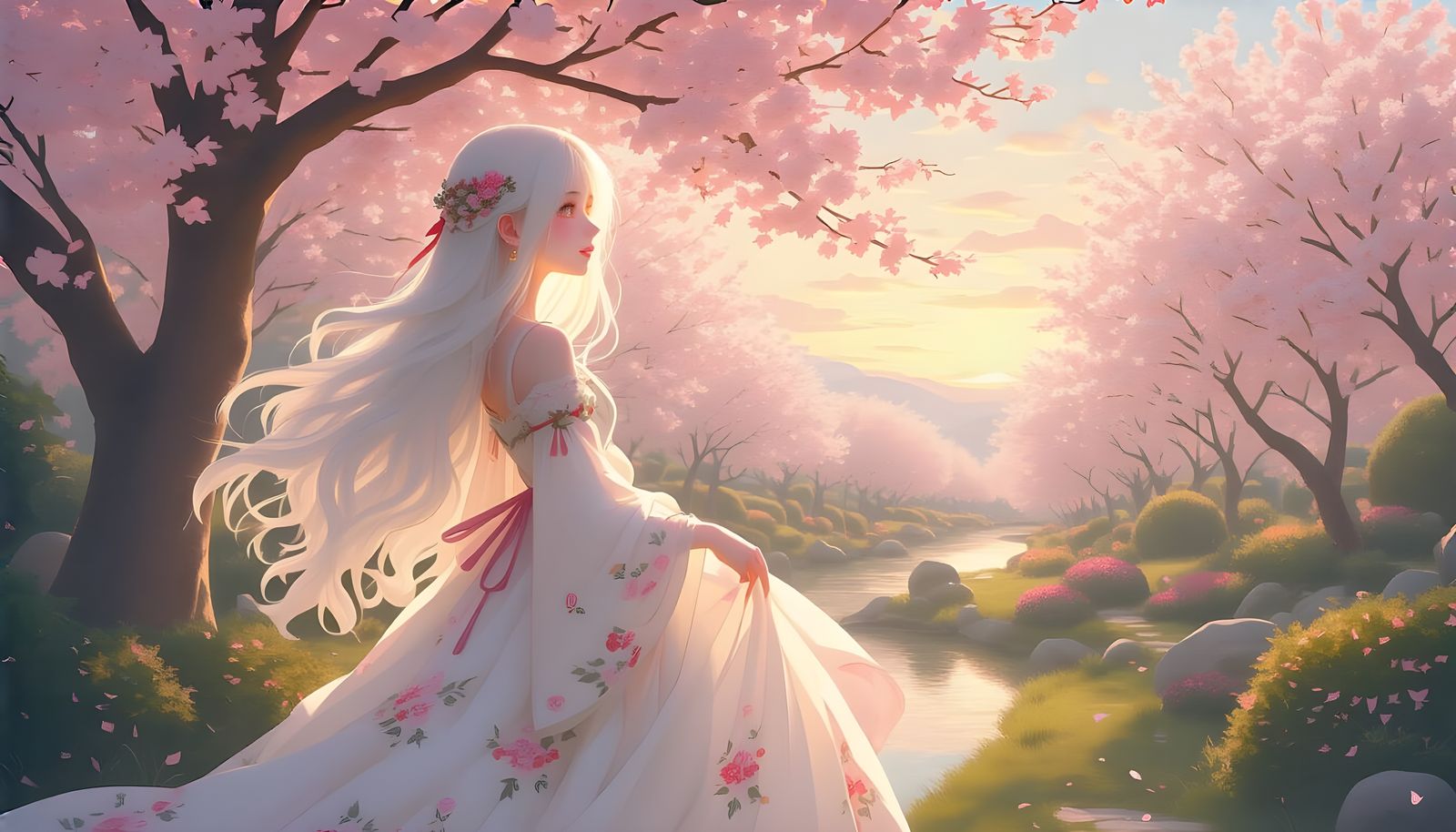 Woman in Cherry Blossom Garden, Impressionistic Style