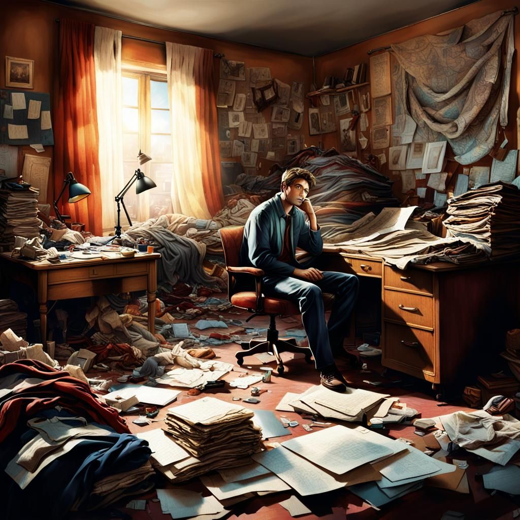 Dreamy Man in Cluttered Room: Fantasy Concept Art