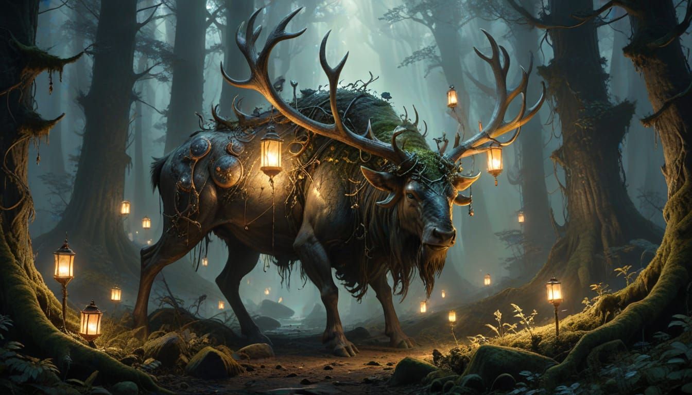 Antlered Giant Lights Lanterns in Enchanted Forest