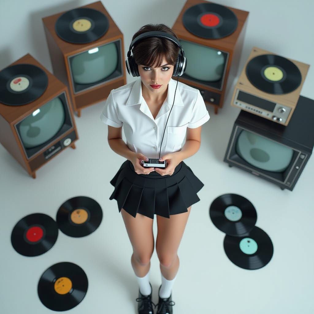Young Woman with Headphones on White Floor Amidst Vintage El...