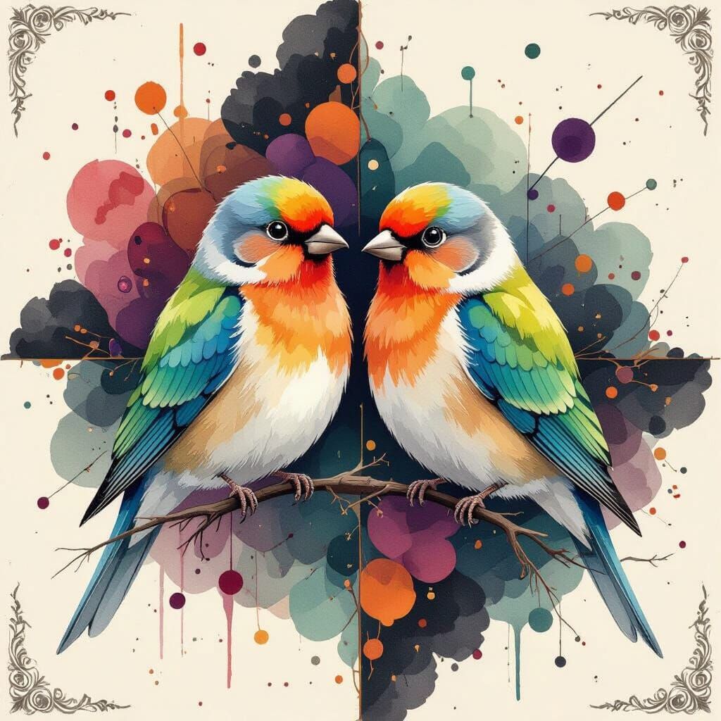 Whimsical Watercolor Lovebirds on White Background