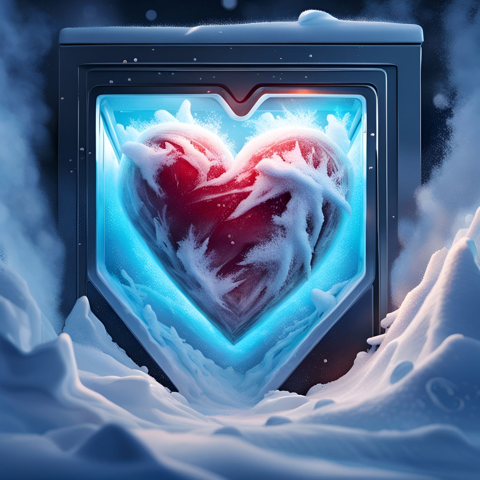 Frozen Heart Inside Freezer in Hyperrealistic Style