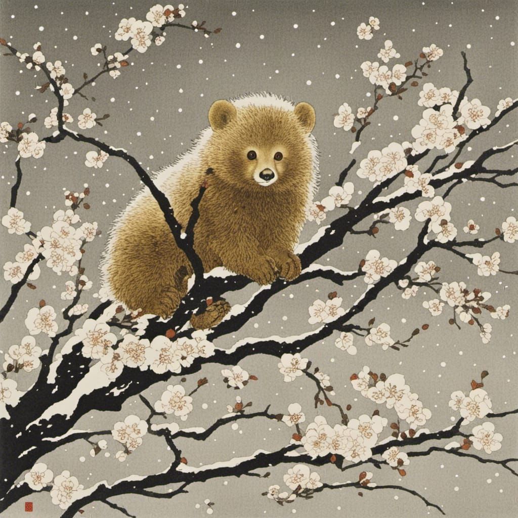 Fluffy Bear in Snow, Ohara Koson Style