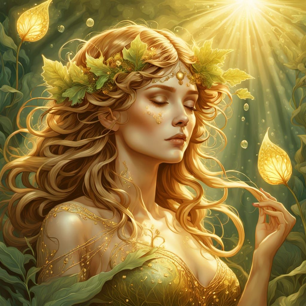 Sun Dryad Basking in Meadow, Art Nouveau Digital Painting
