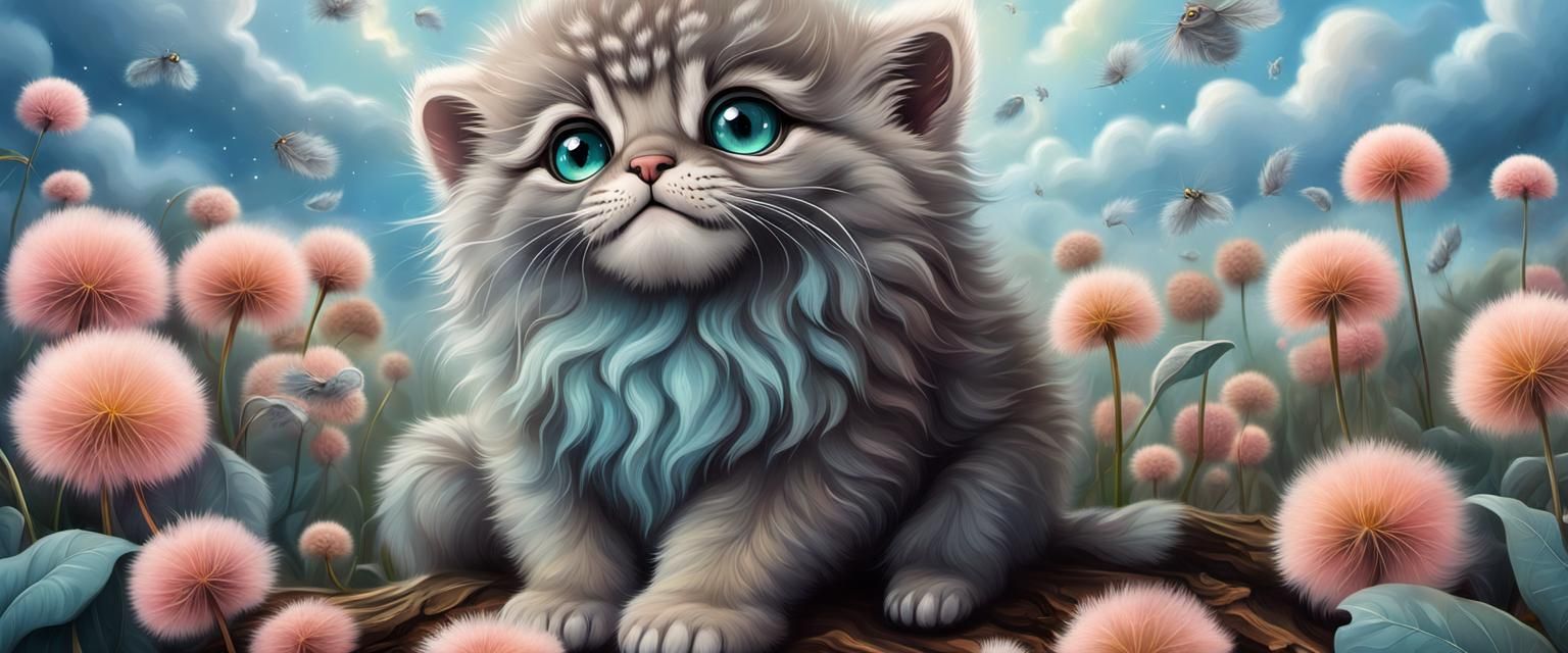 Fluffy Manul Cub in Enchanted Forest: Fantasy Art