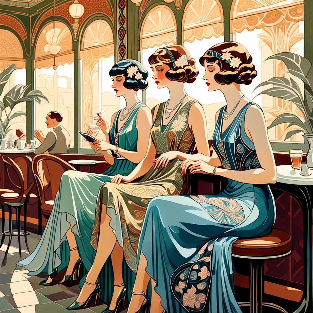 Elegant Women in Art Nouveau Cafe Illustration