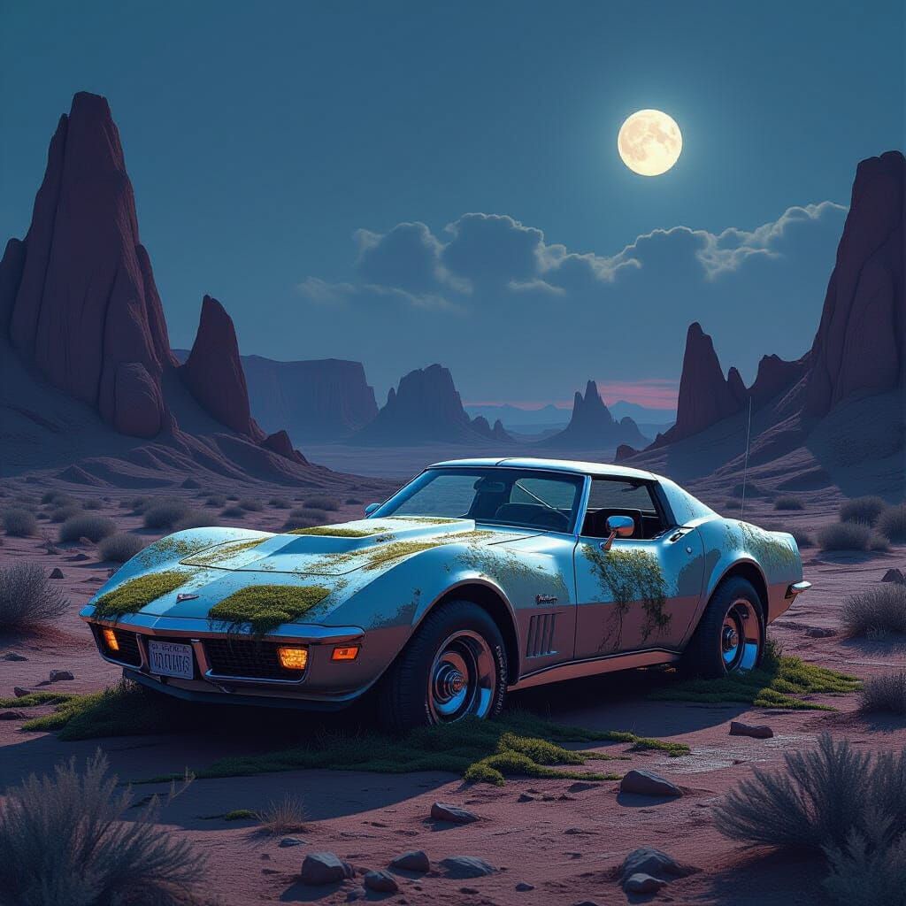Abandoned Corvette in Alien Desert Landscape with Two Moons
