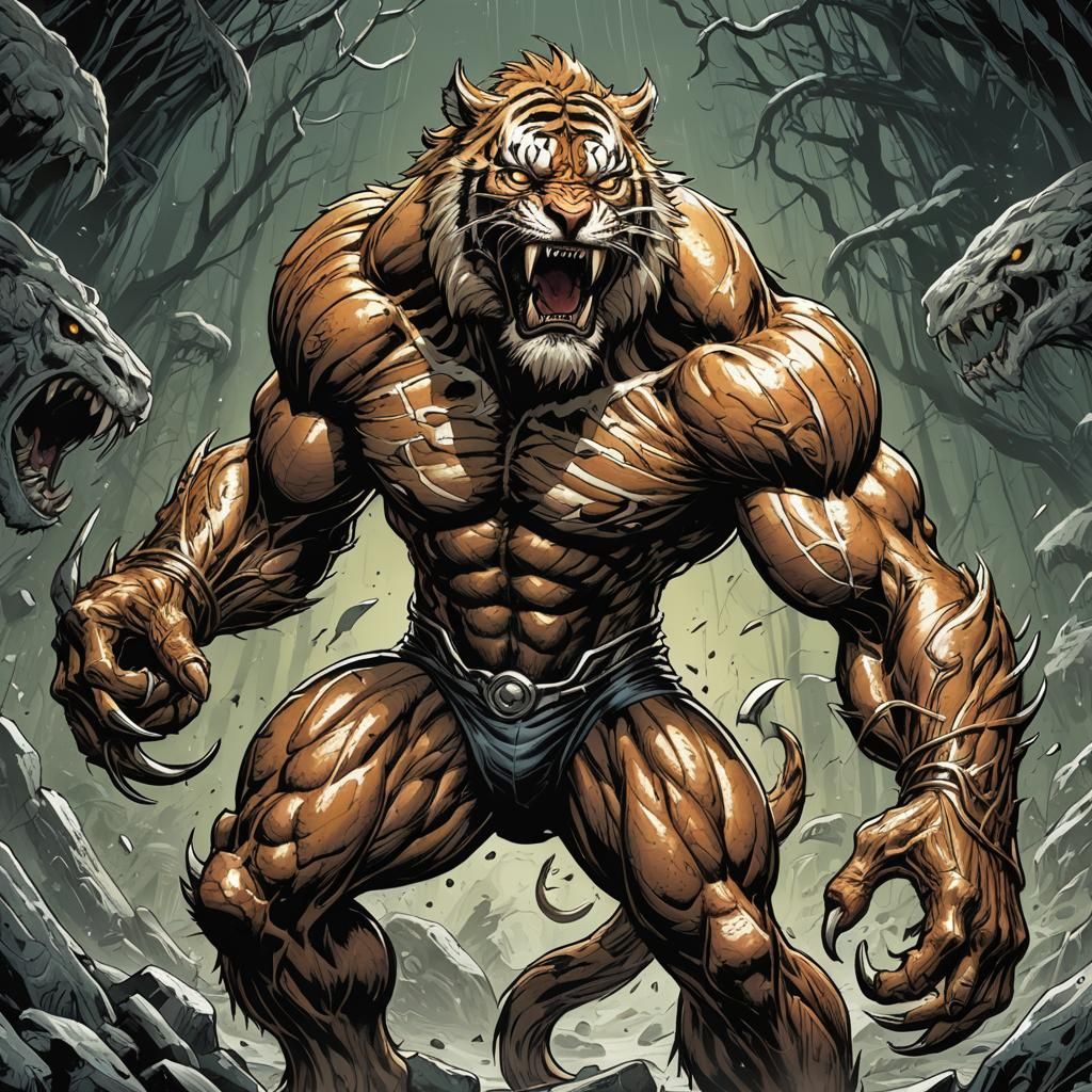 Muscular Saber-Tooth Tiger Villain in Comic Book Art