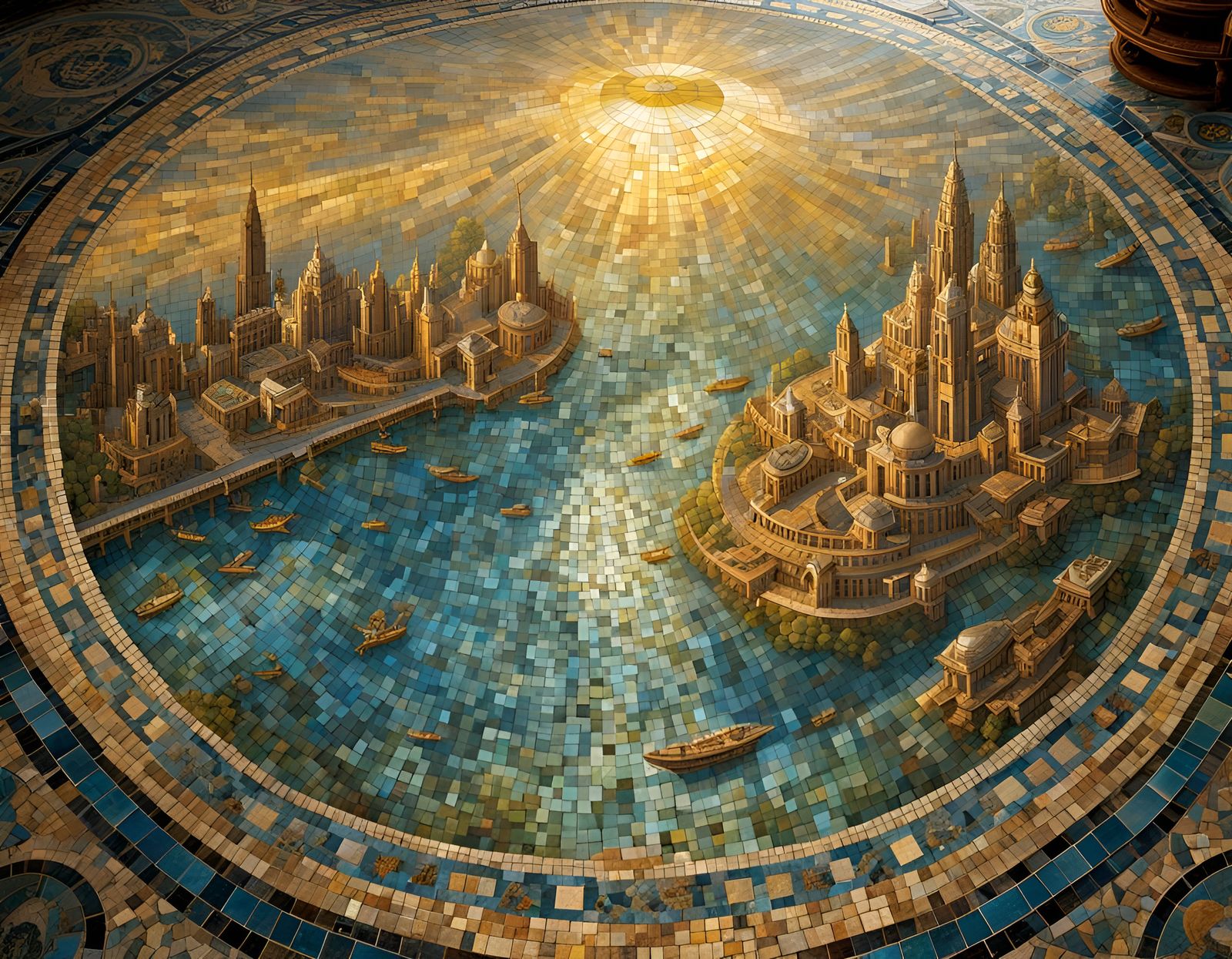 Underwater Mosaic Atlantis Cityscape with God Rays