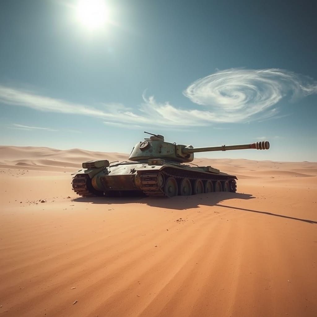 Rusted Soviet Tank in Vast Desert Landscape