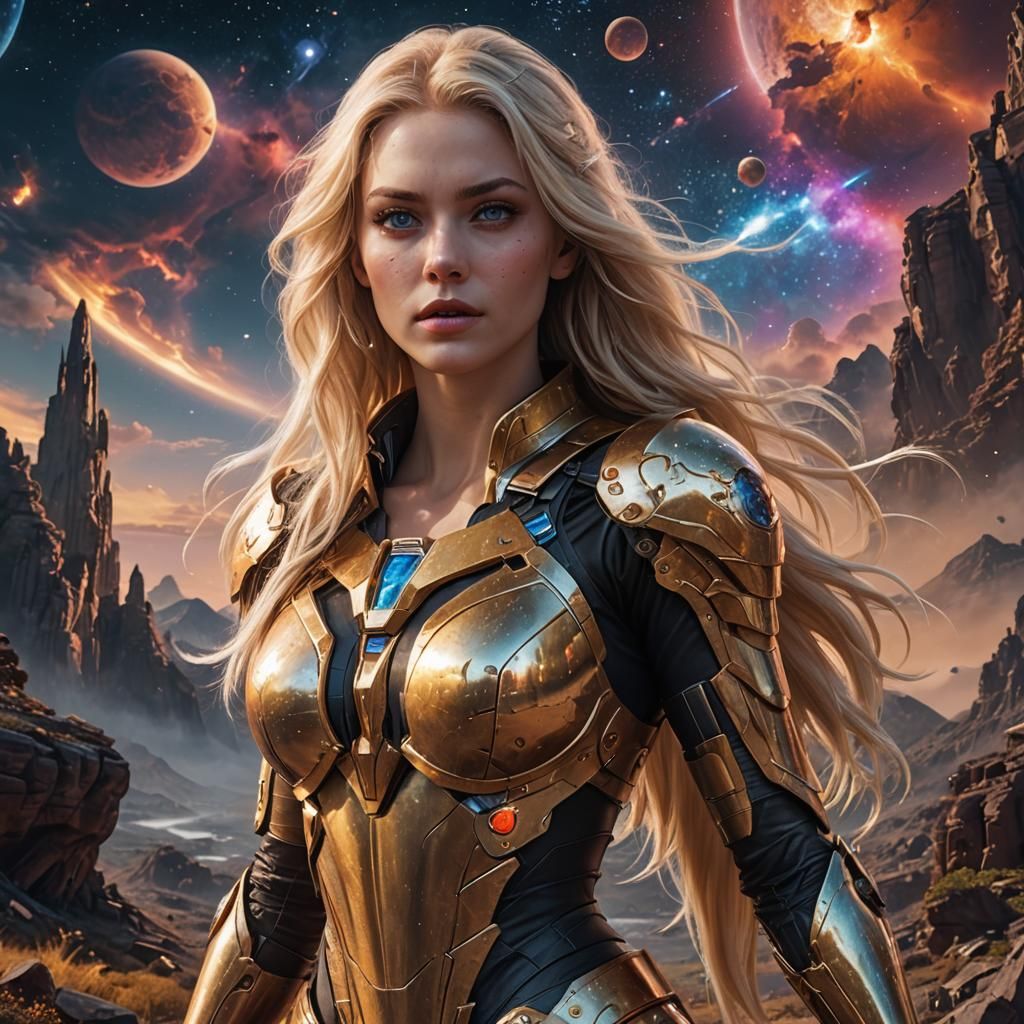 Sensual Blonde Plaedian Warrior in Space, Fantasy Art