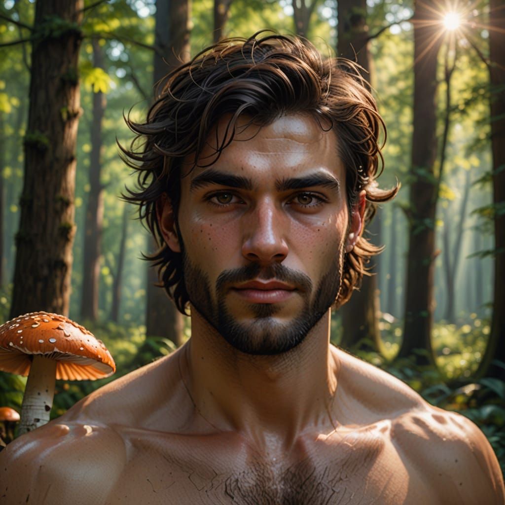 Sensual Man Stands in Mushroom Forest, Captured in Vivid Col...