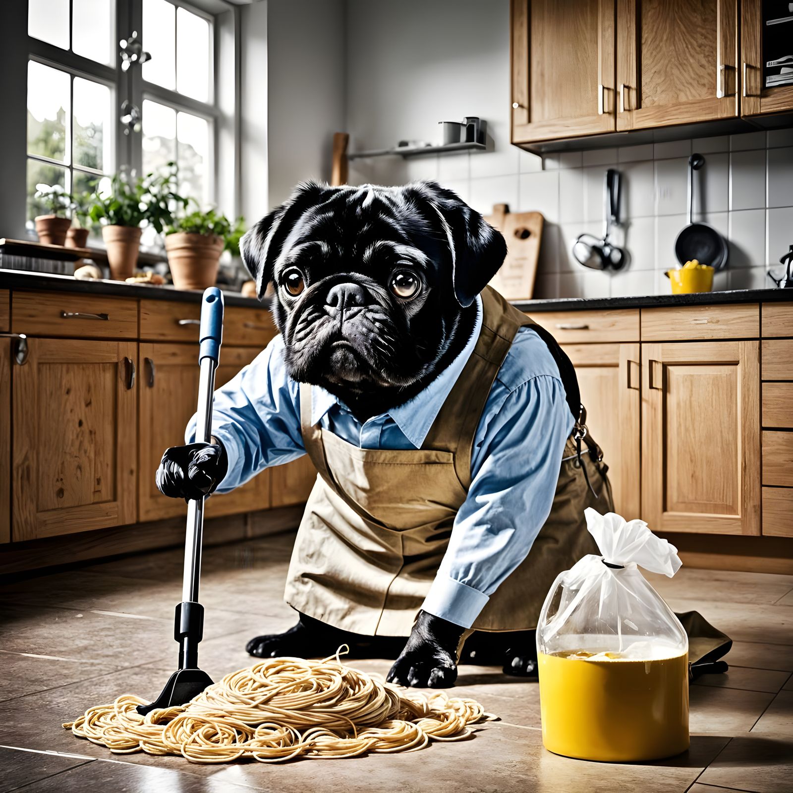Pug Steals Egg in Surreal Kitchen Scene