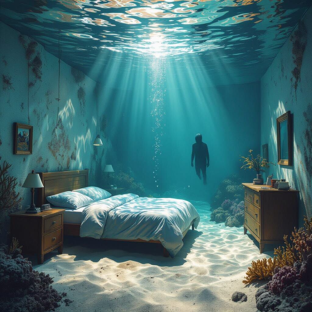 Underwater Bedroom with Sunlight and Floating Furniture