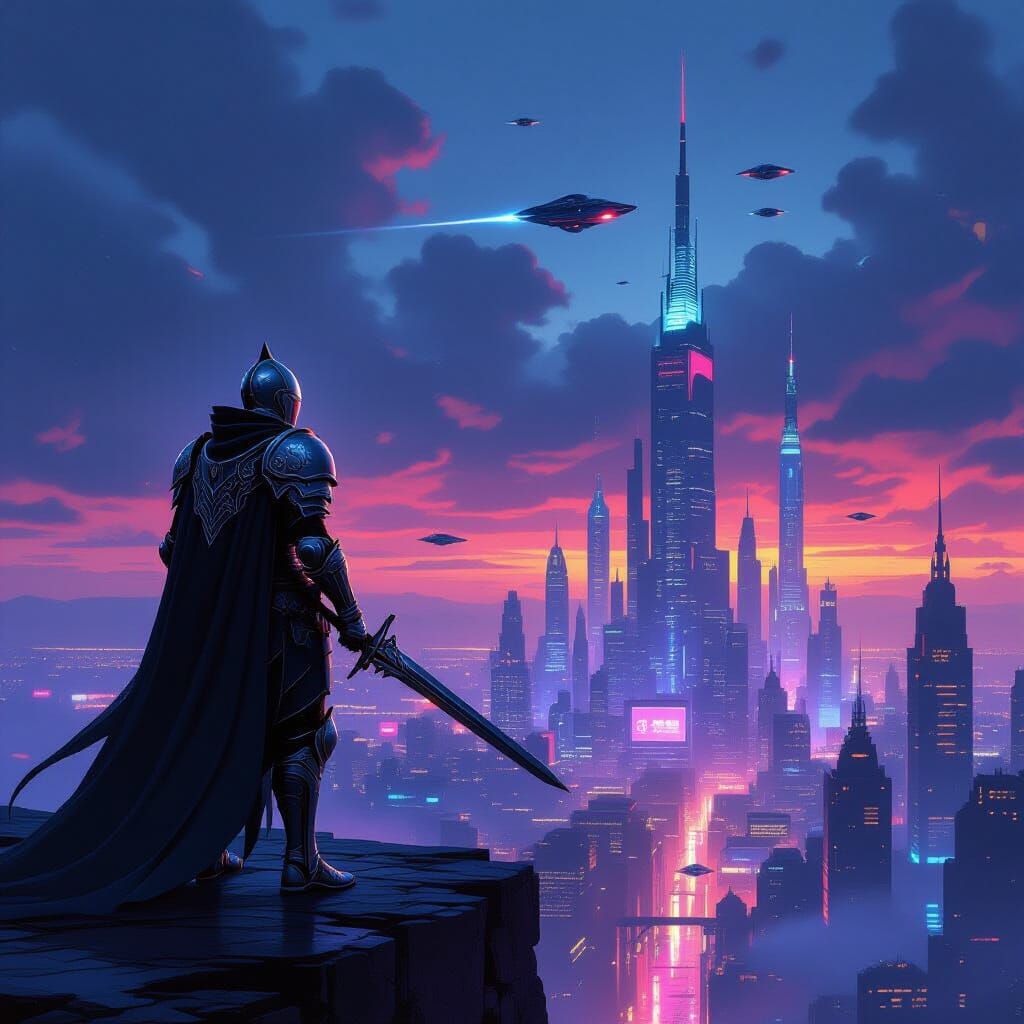 Futuristic Knight Overlooks Cyberpunk Cityscape at Dusk