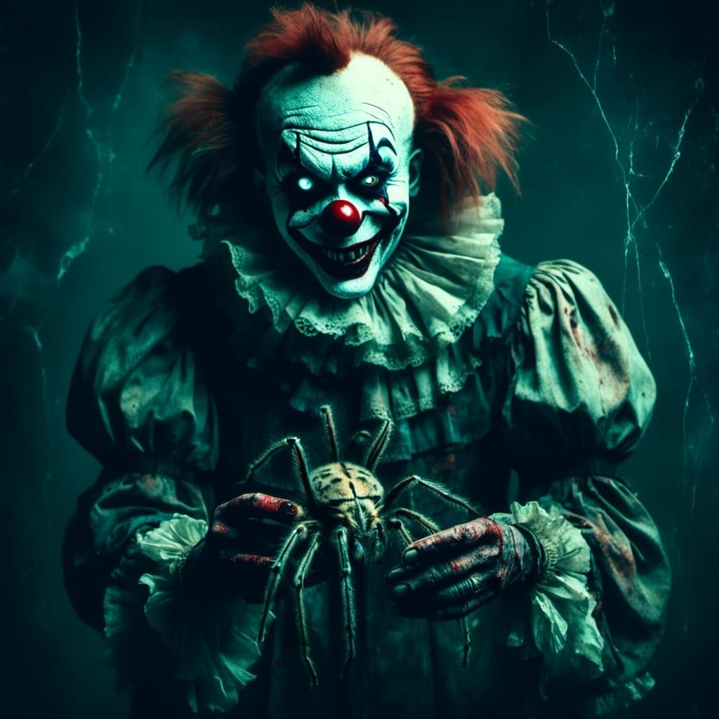 Creepy Clown Holding Spider in Macabre Horror Style