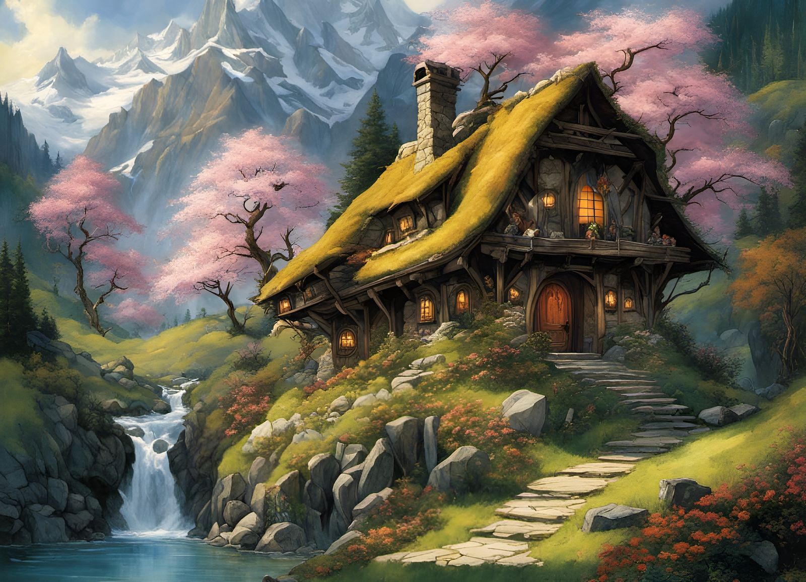 A Hobbit House - Waterfall & Cherry Blossoms