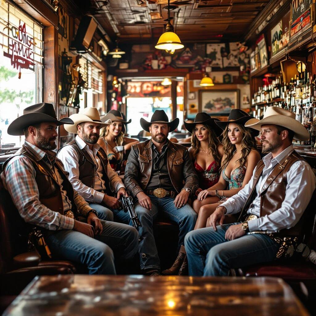 Cowboys Gather in Retro Bar with Ladies and Drinks