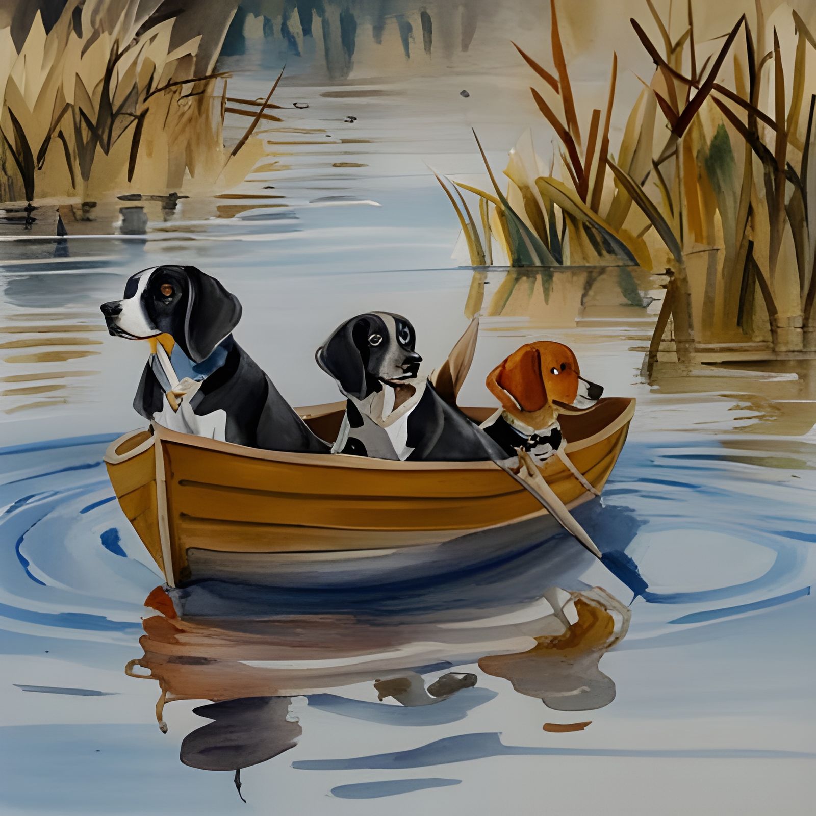 Dogs in a boat