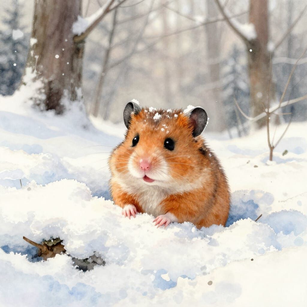 Fluffy Hamster in Snowy Forest Landscape