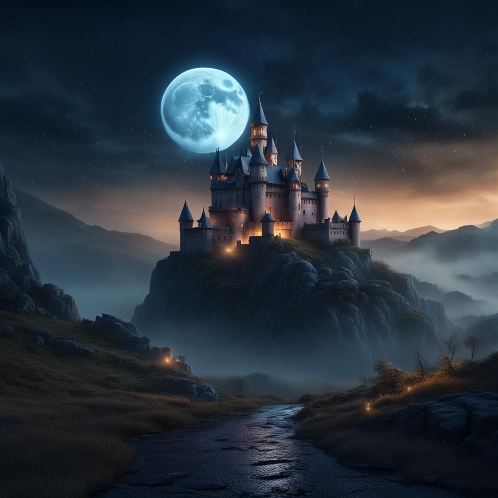 Mysterious Castle on Hill at Night: Fantasy Concept Art