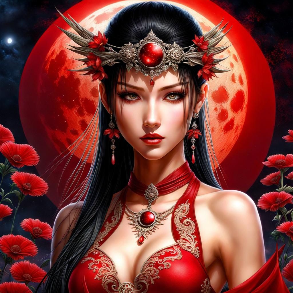 Fighter Girl with Flowers and Red Moon
