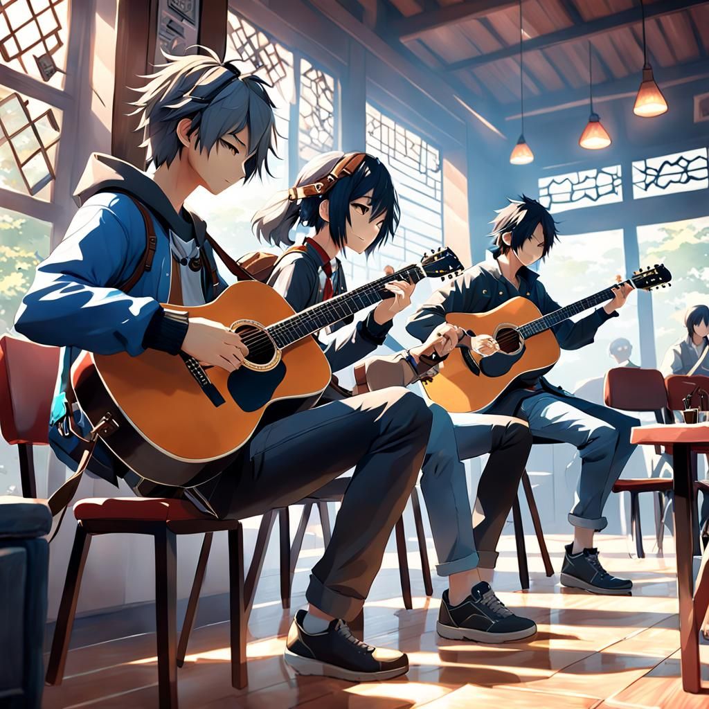 a boy practicing playing a guitar, under the direction of a beautiful woman, By artist "anime", 3d anime art, inspired b...