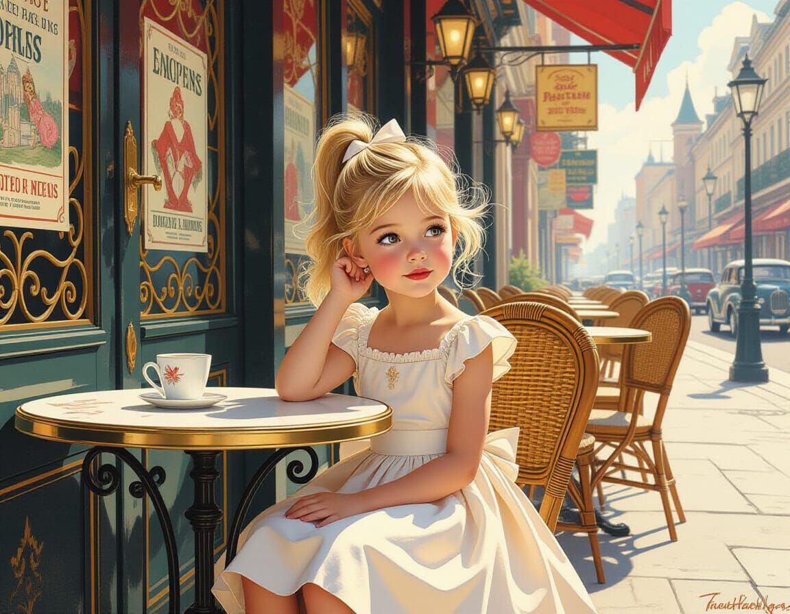 Girl at Cafe: Pin-Up, Impressionist, Digital Art