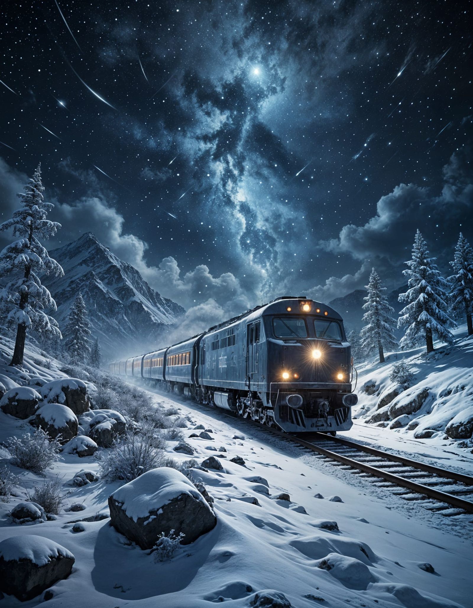 Winter Train Under Starry Night Sky