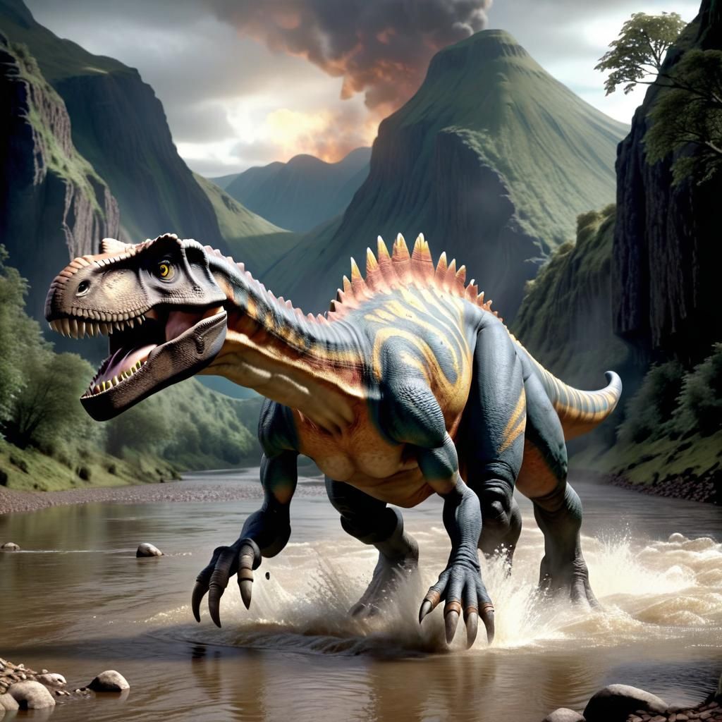 CGI Spinosaurus in a CGI river on TV documentary Walking With Dinosaurs