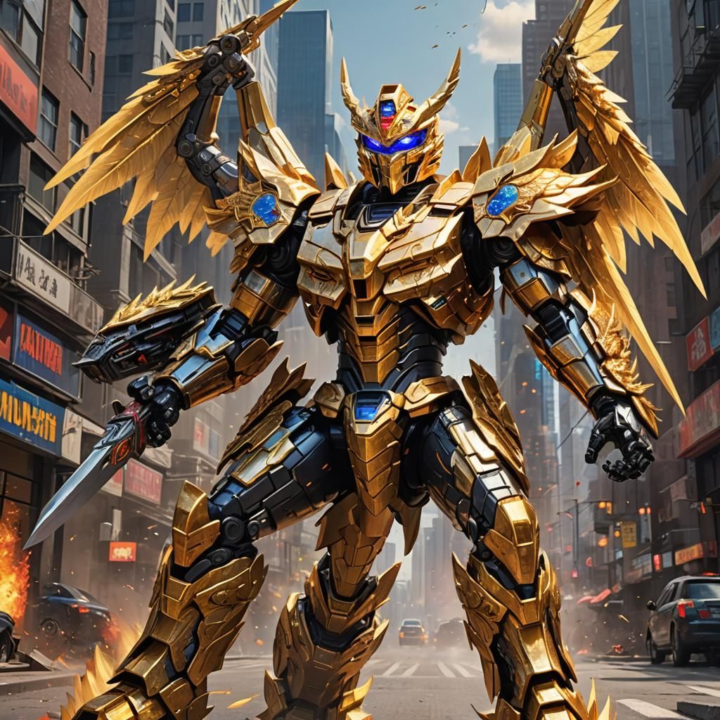 Golden Dragon-Winged Megazord in Cityscape